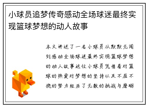小球员追梦传奇感动全场球迷最终实现篮球梦想的动人故事