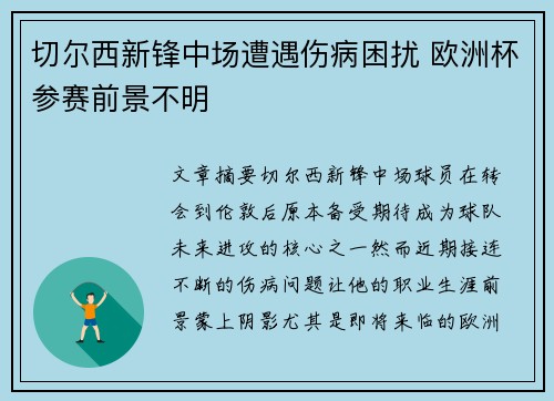 切尔西新锋中场遭遇伤病困扰 欧洲杯参赛前景不明