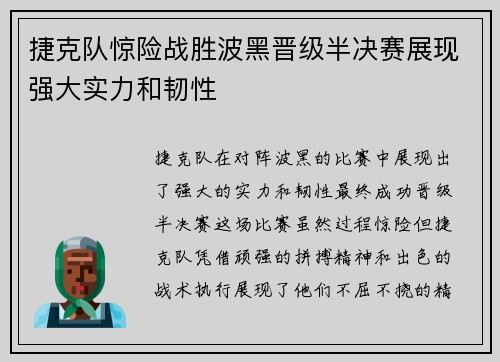 捷克队惊险战胜波黑晋级半决赛展现强大实力和韧性
